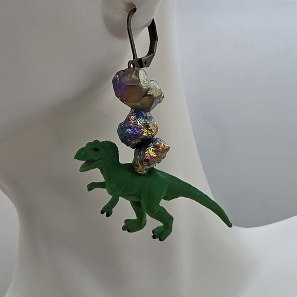 Handmade Jewelry - Green Dinosaur Drop Earrings with Iridescent Accent Beads
